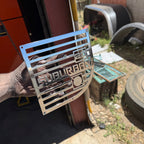Metallic emblem held by a hand with a blurred outdoor background